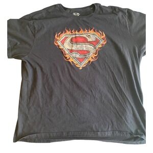 Superman Shield Iron Fire TShirt Mens 4XL Black Graphic Tee DC Comics y2k